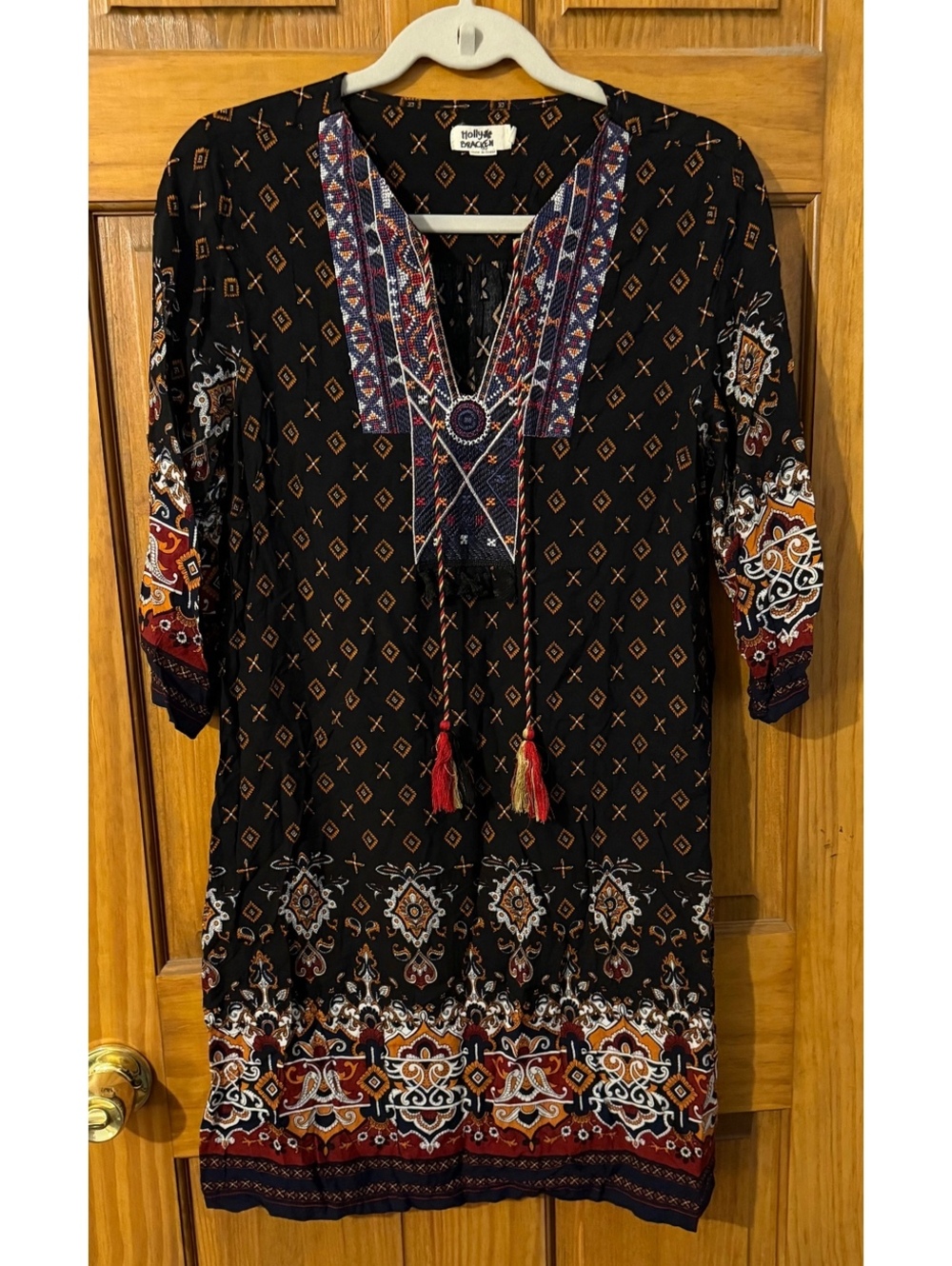 Holly Bracken M Boho Tunic Dress Black Paisley Border Print Tassel 3/4 Sleeve